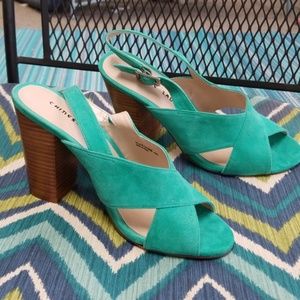 Hot turquoise suede slingbacksl